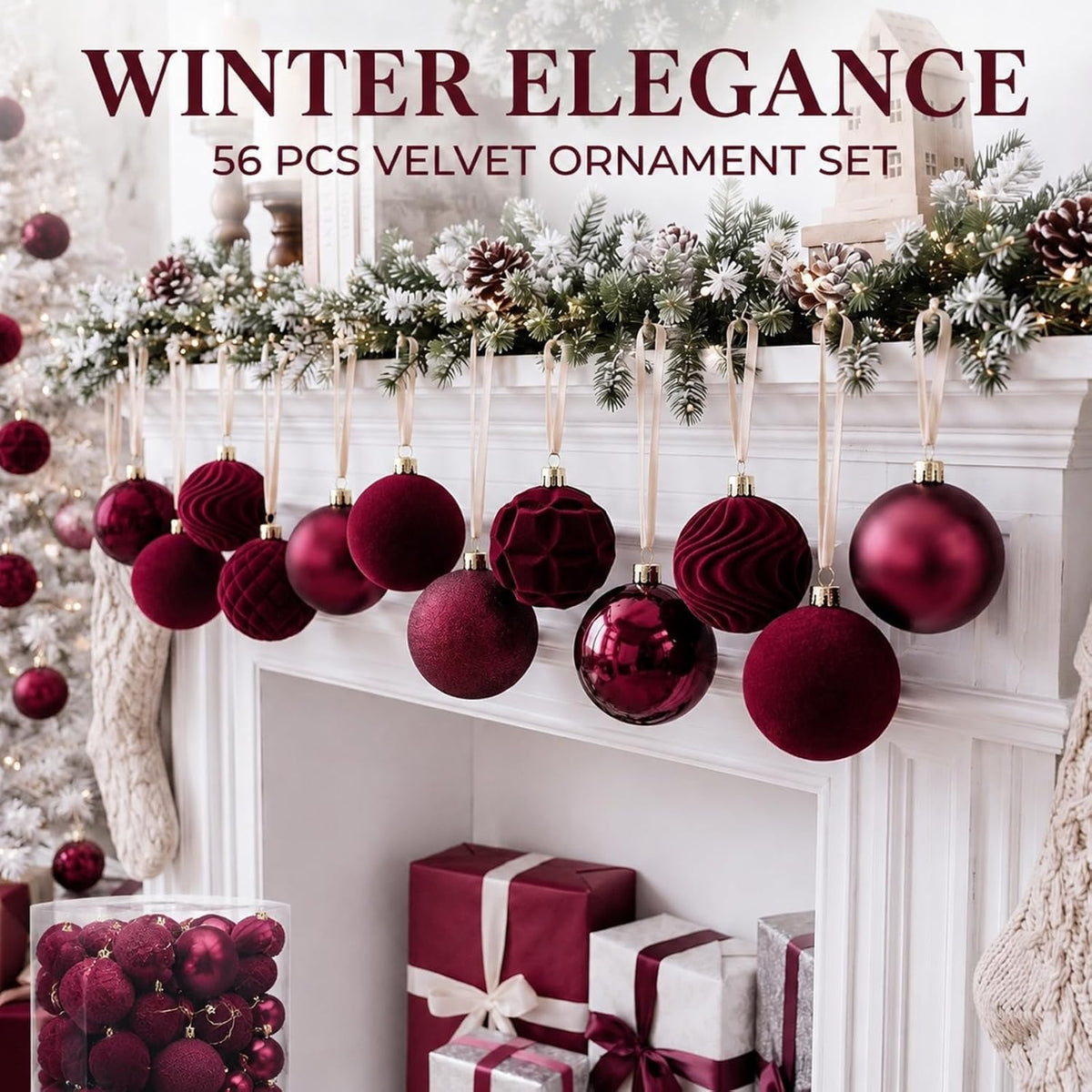Hollowfly 56 Pcs Burgundy Velvet Christmas Balls Ornaments Set