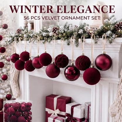 Hollowfly 56 Pcs Burgundy Velvet Christmas Balls Ornaments Set