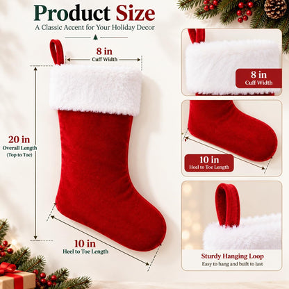 20 Inch Christmas Stockings Decorations: Classic Plain Red White Velvet Cotton Plush - Handmade Decor for Fireplace Mantel, Xmas Tree, Stairs
