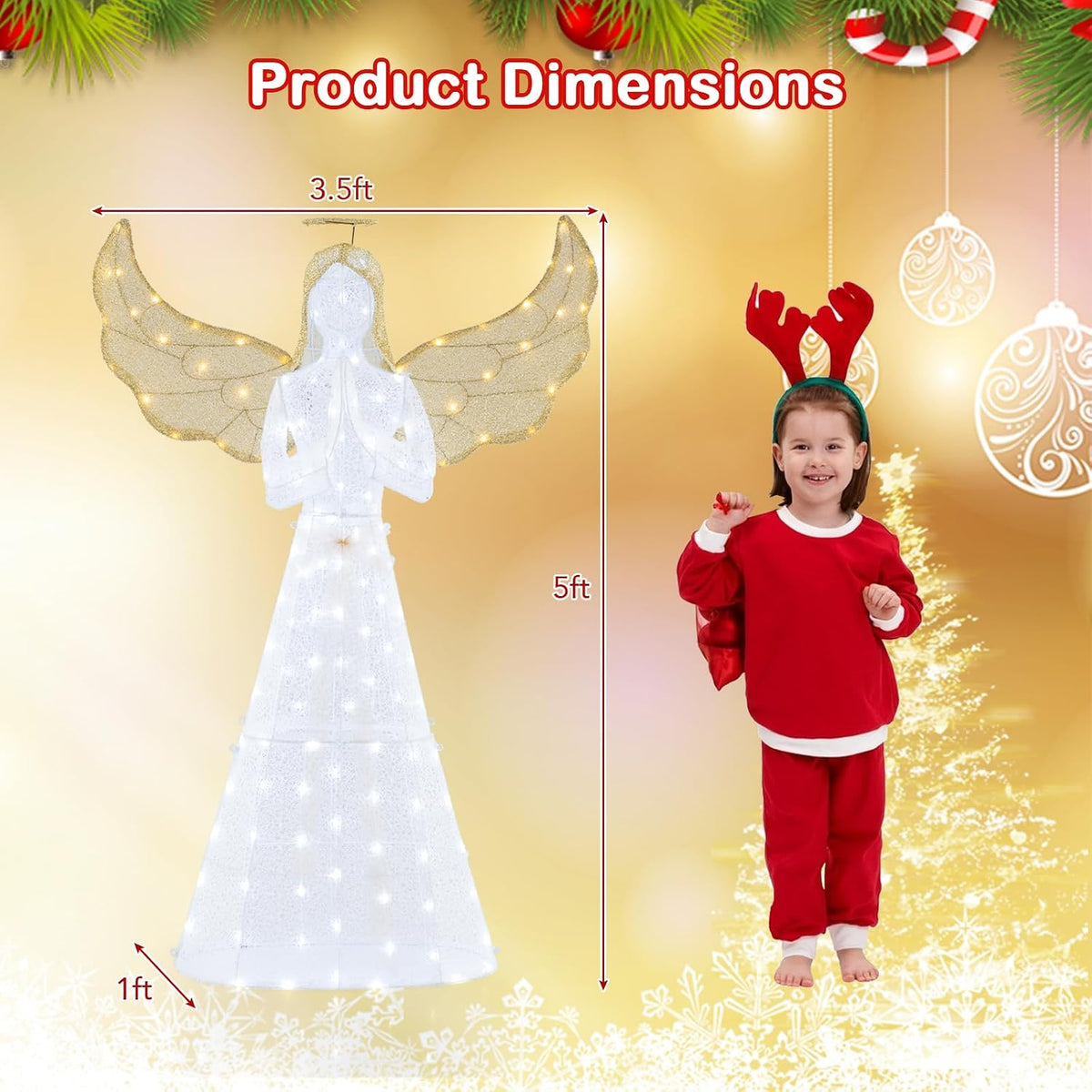 Tangkula 5 FT Lighted Christmas Angel, 3D Light-up Winged Angel Decoration