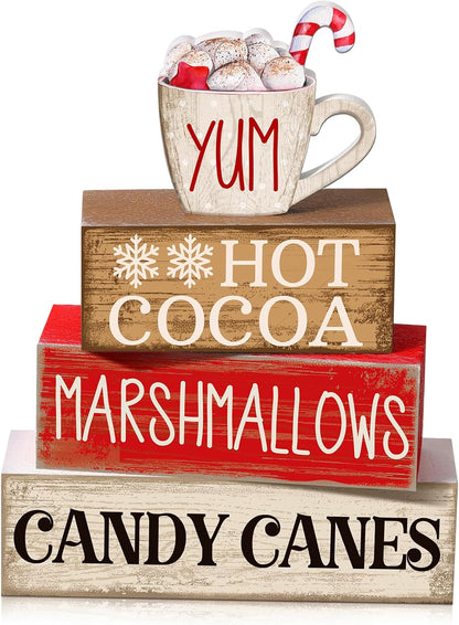 Moucuny 4 Pcs Christmas Table Decorations Indoor, Hot Cocoa Wood Block Sign