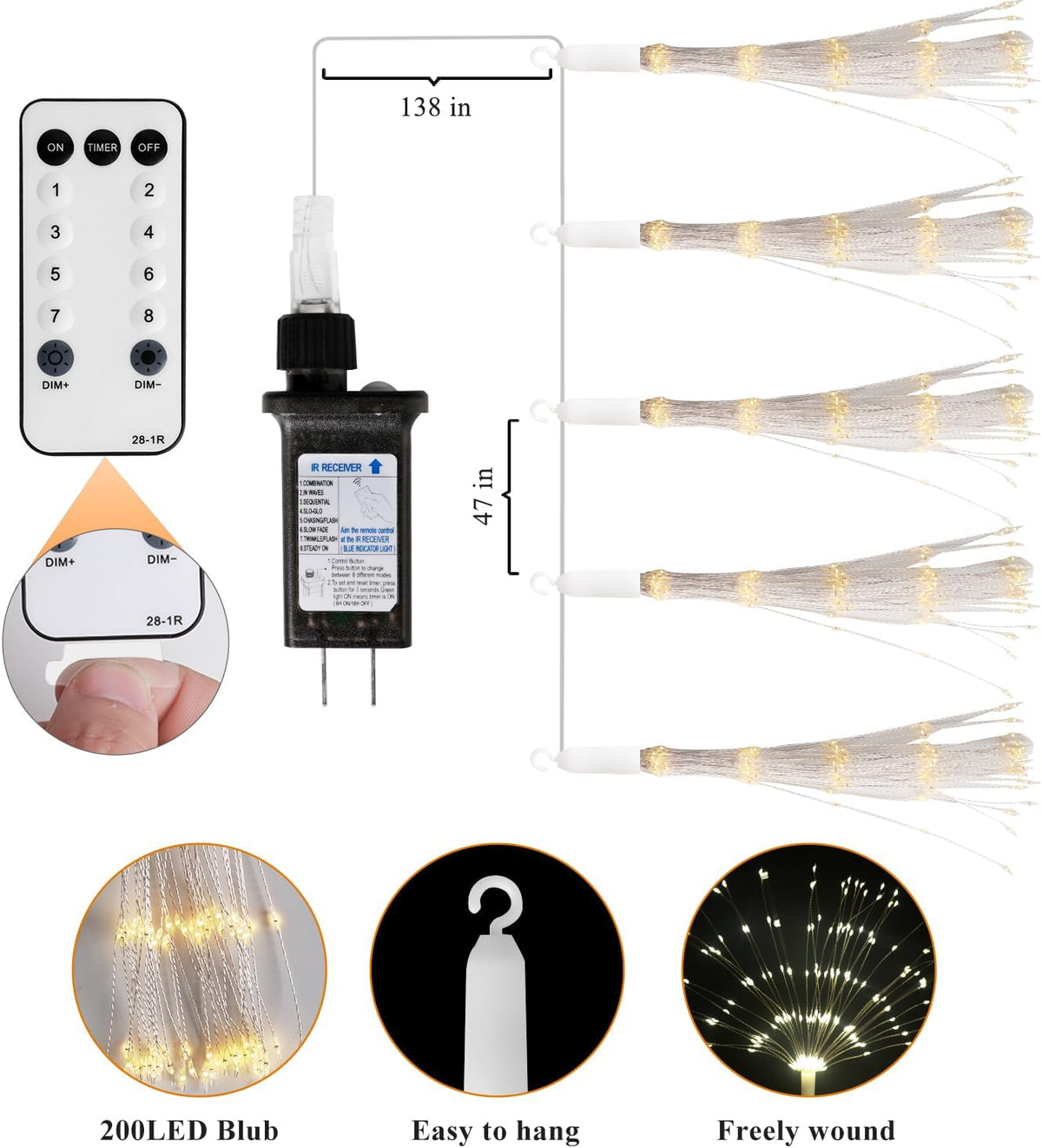 Firework String Light 5 Pack 200 LED 8 Modes Starburst Warm White