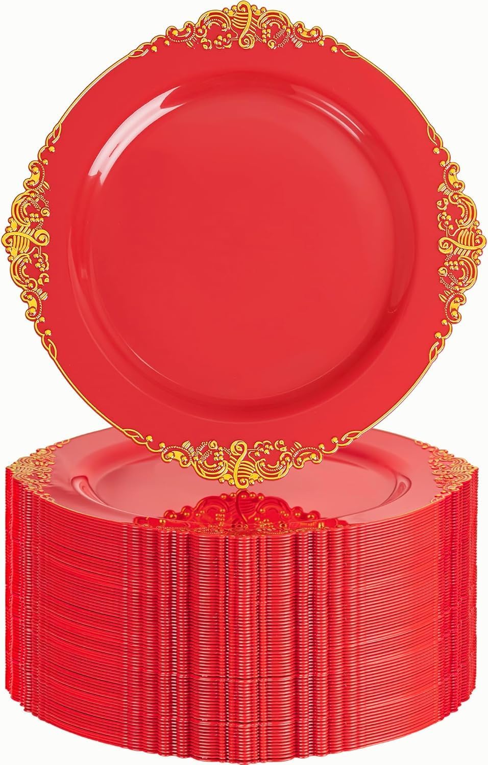 Nervure 100Pcs Clear Red Plastic Plates, Party Plates Set for 50Guests