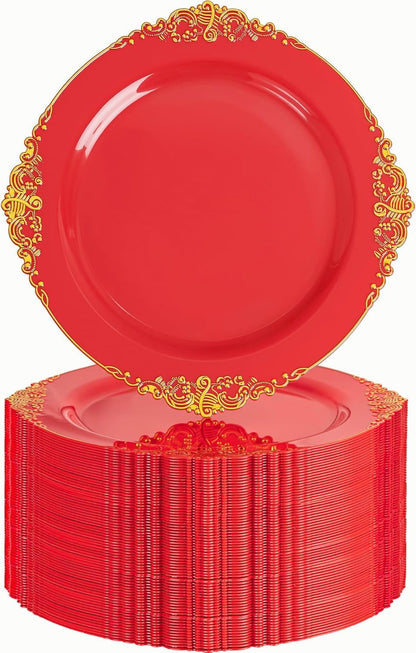 Nervure 100Pcs Clear Red Plastic Plates, Party Plates Set for 50Guests