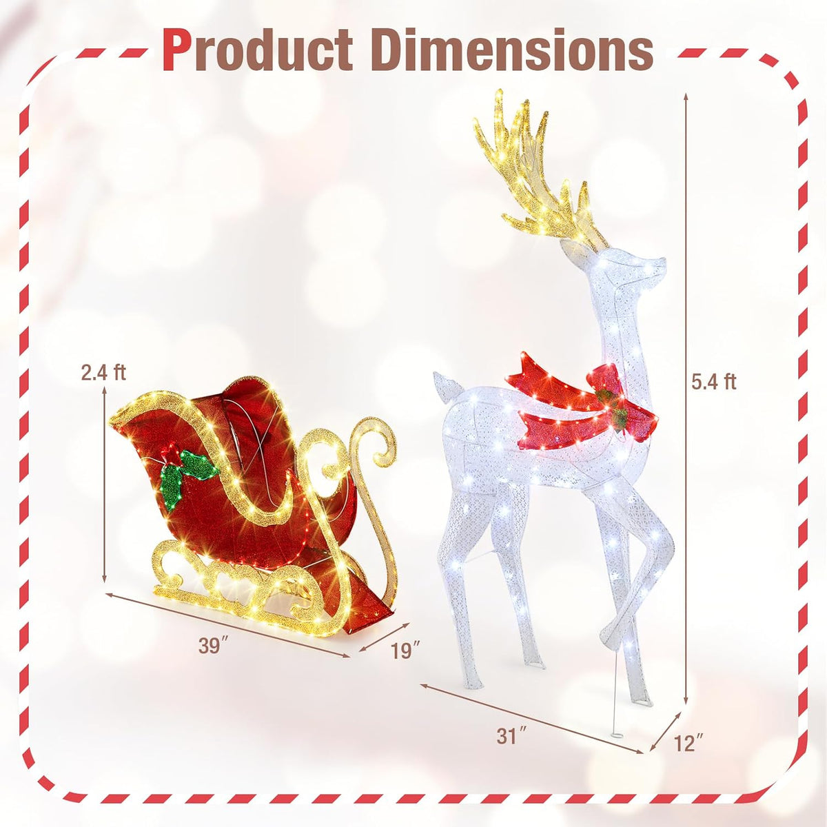 Tangkula 5.4 FT Christmas Lighted Reindeer & Santa’s Sleigh Set Decorations
