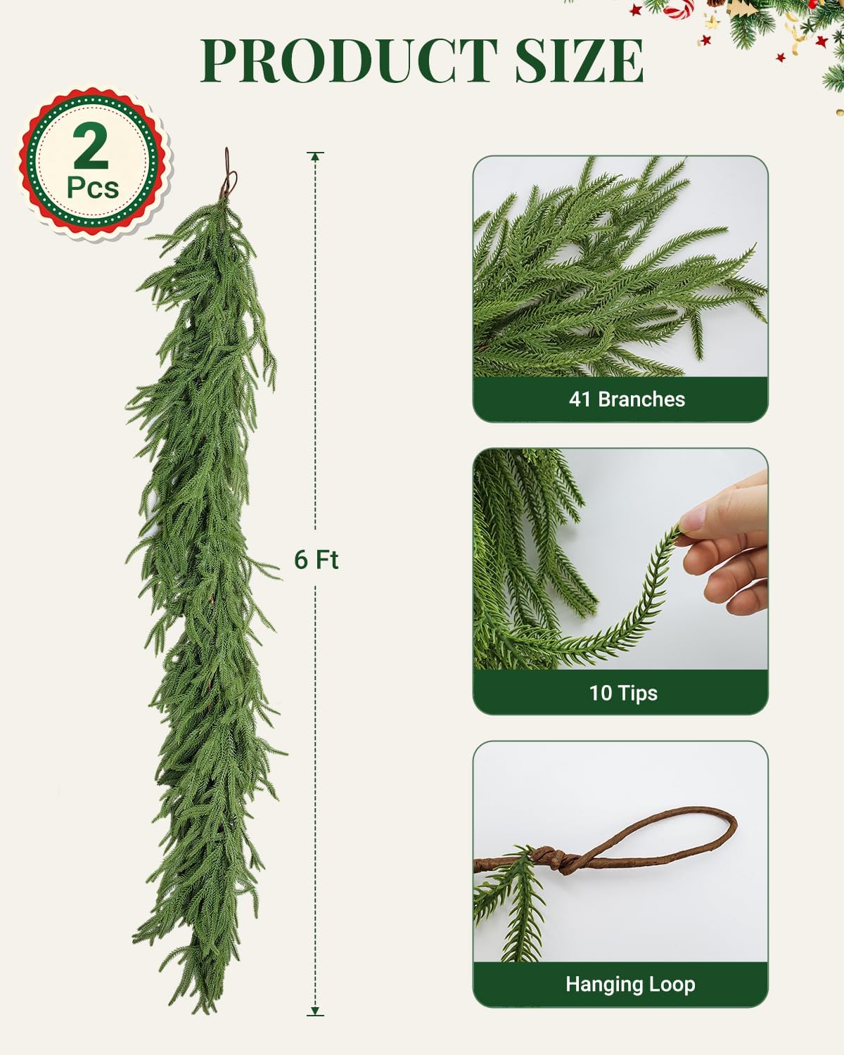 2 Pack 6 FT Norfolk Pine Garlands, Real Touch Christmas Decor