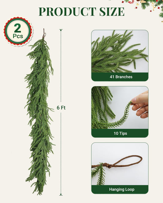 2 Pack 6 FT Norfolk Pine Garlands, Real Touch Christmas Decor