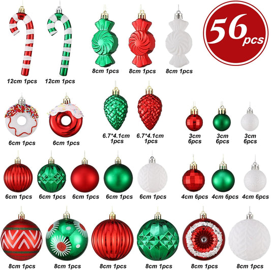 56Pcs 21Styles Christmas Balls Hanging Ornaments Set,Red Green and White Assorted Shatterproof Plastic Christmas Balls Baubles with Candy Canes,Donuts for Xmas Tree Holiday Home Party Decorations