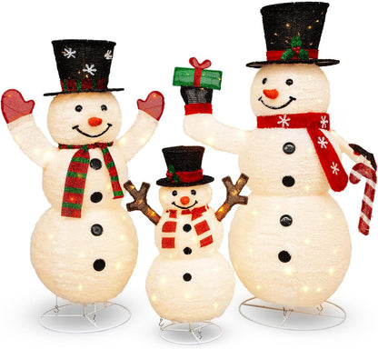 Hykolity 3.7 FT Collapsible Pop-Up 3D Lighted Snowman Family Set of 3, Outdoor Christmas Snowman Decorations with 250 Warm White LED Lights for Yard, Lawn and Porch