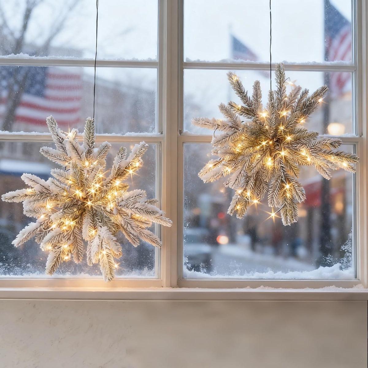 LITBLOOM 2 Pack Lighted Flocked Pine Snowflake Battery Operated with Timer 18IN, Lighted Pine Branches with 60 LED Lights for Home Window Wall Fireplace Mantle Christmas Decoration Indoor Outdoor