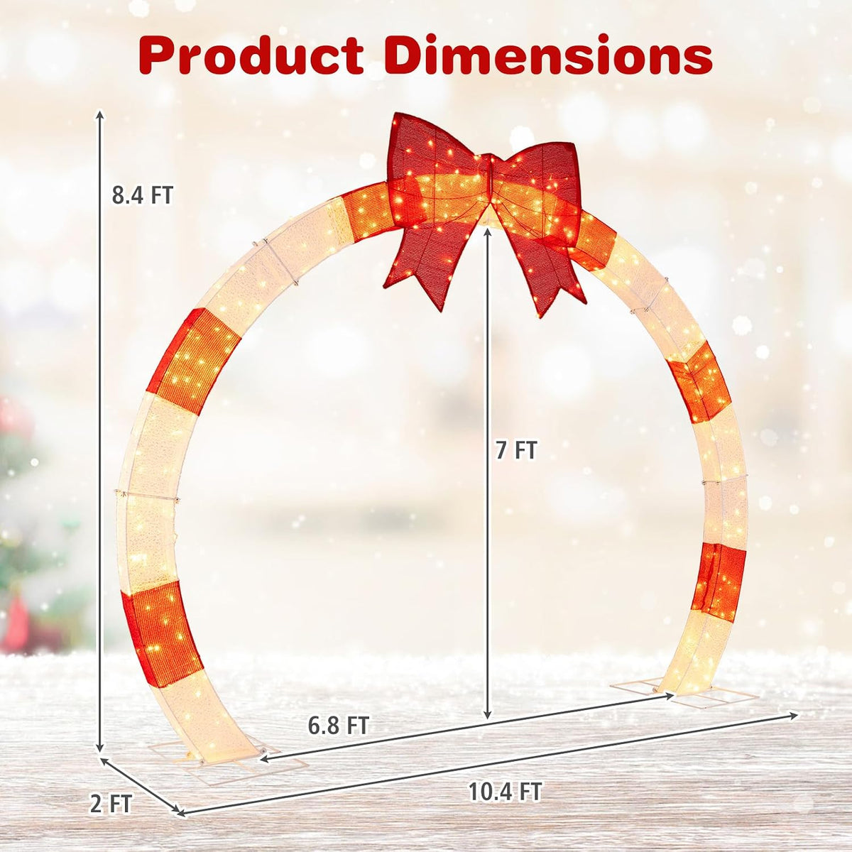 Tangkula 10.4 FT Outdoor Christmas Lighted Archway with Large Red Bow