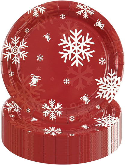 50PCS Christmas Paper Plates, 7 Inches Xmas Plates Disposable Red Snowflake Dinner Dessert Tableware Dinnerware Set for Christmas Winter Holiday Party Supplies Decorations Table Decor