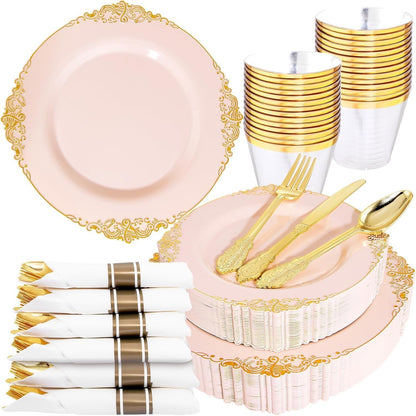 Nervure 175Pcs Red Plastic Plates, Red Plastic Dinnerware Set for 25 Guests