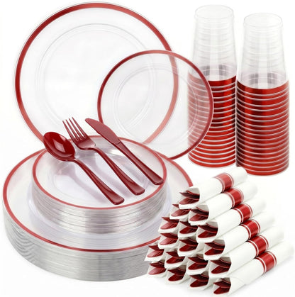 350PCS Clear Red Plastic Plates Dinnerware Sets for 50 Guests
