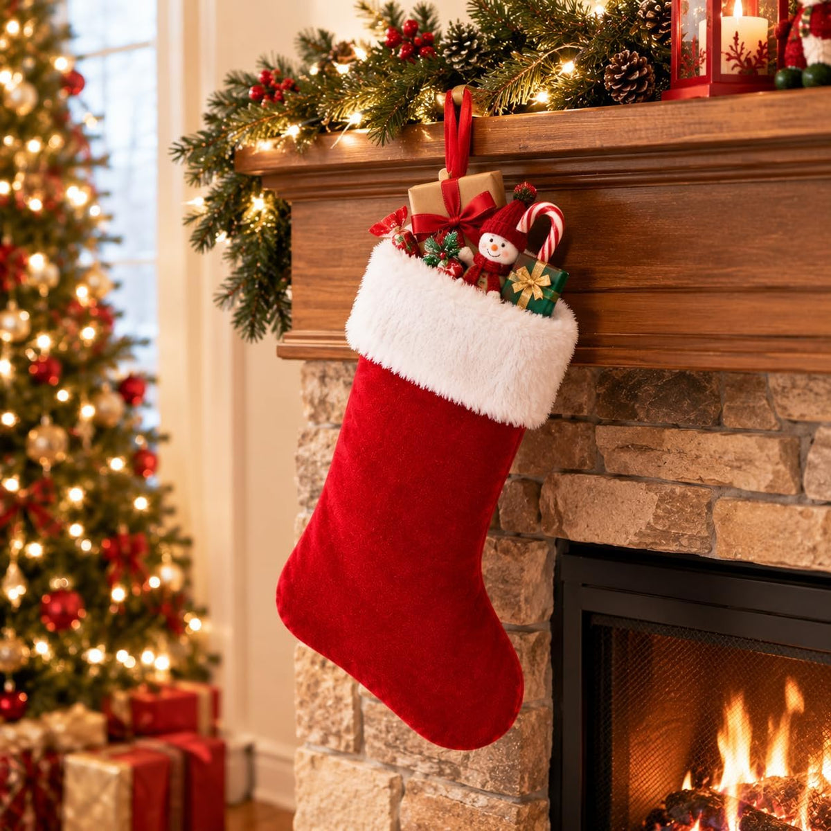 20 Inch Christmas Stockings Decorations: Classic Plain Red White Velvet Cotton Plush - Handmade Decor for Fireplace Mantel, Xmas Tree, Stairs
