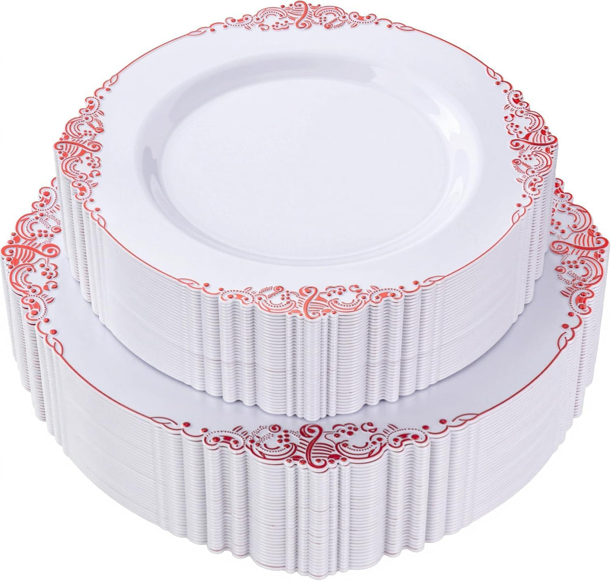 Nervure 100Pcs Clear Red Plastic Plates, Party Plates Set for 50Guests