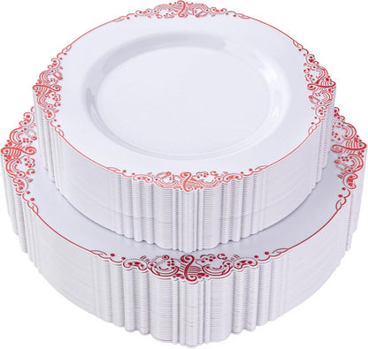 Nervure 100Pcs Clear Red Plastic Plates, Party Plates Set for 50Guests