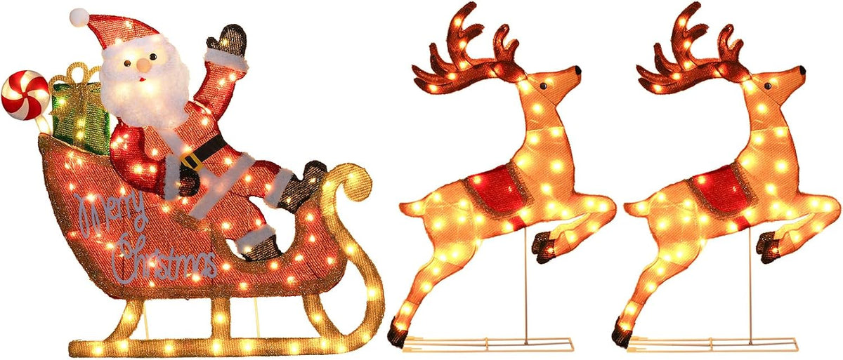 Hykolity 2 Pack 30" + 24" Pop-Up Pre-Lit Outdoor Christmas Ornament Set, Holiday Ball Decoration with 230 Warm White LEDs, 8 Light Modes & 18H Timer, Red & Green