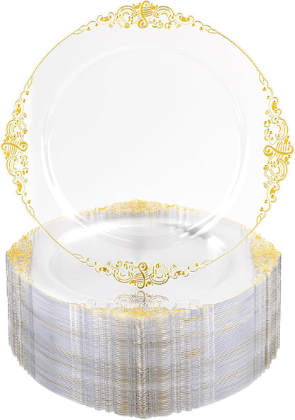 Nervure 100Pcs Clear Red Plastic Plates, Party Plates Set for 50Guests