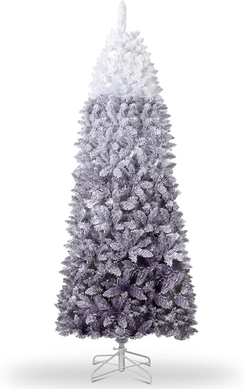 Garvee 6 ft Snow Flocked Pencil Christmas Tree, Slim Artificial Christmas Tree with Sturdy Metal Stand, Skinny Xmas Tree Holiday Decoration for Home, Office, Purple Gradient