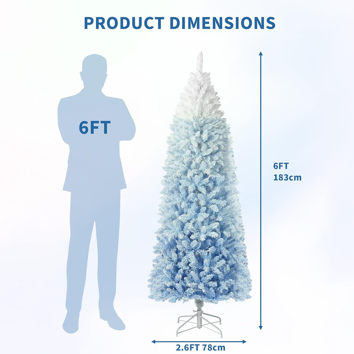 Garvee 6 ft Snow Flocked Pencil Christmas Tree, Slim Artificial Christmas Tree with Sturdy Metal Stand, Skinny Xmas Tree Holiday Decoration for Home, Office, Blue Gradient