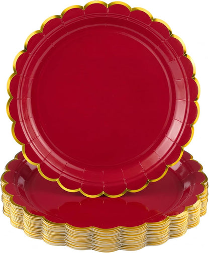 NatNarr 30 Pcs Red Paper Plates 9" Scalloped Red White Party Plates