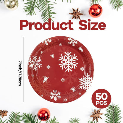 50PCS Christmas Paper Plates, 7 Inches Xmas Plates Disposable Red Snowflake Dinner Dessert Tableware Dinnerware Set for Christmas Winter Holiday Party Supplies Decorations Table Decor