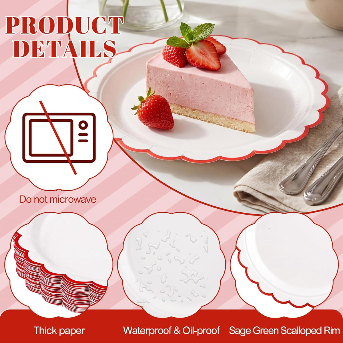 NatNarr 30 Pcs Red Paper Plates 9" Scalloped Red White Party Plates