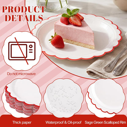 NatNarr 30 Pcs Red Paper Plates 9" Scalloped Red White Party Plates