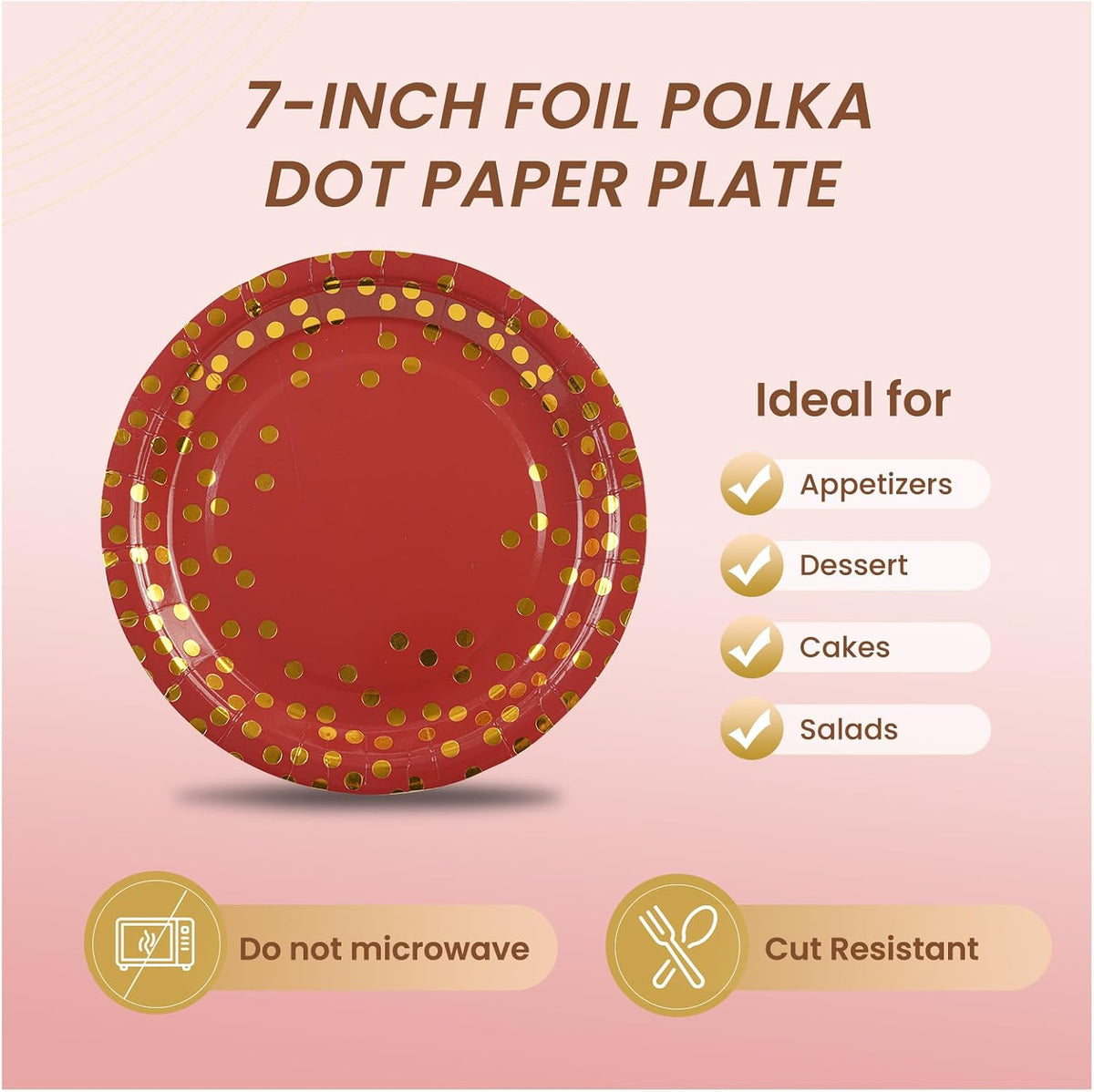 Paper Plates and Napkins Set, Red and Gold Dot, 75PCS, Serves 25