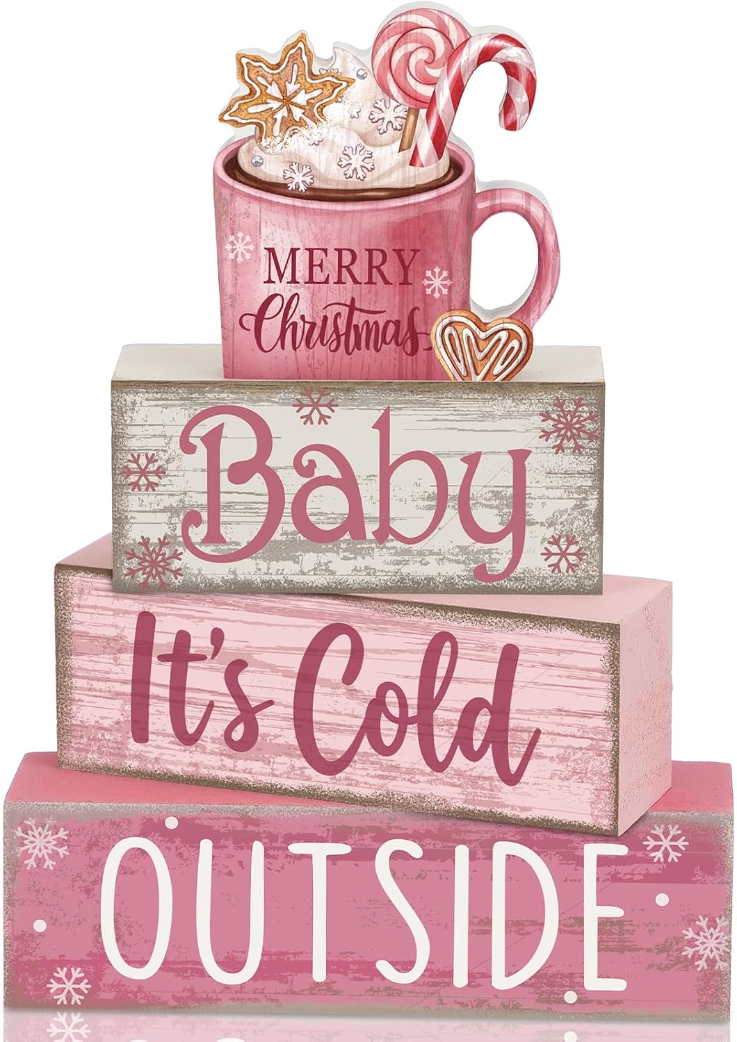 Moucuny 4 Pcs Christmas Table Decorations Indoor, Hot Cocoa Wood Block Sign