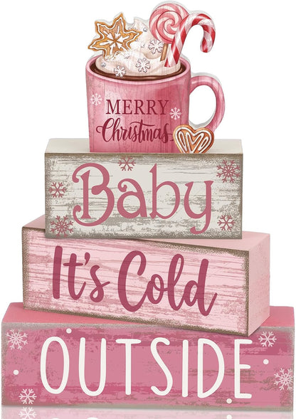 Moucuny 4 Pcs Christmas Table Decorations Indoor, Hot Cocoa Wood Block Sign