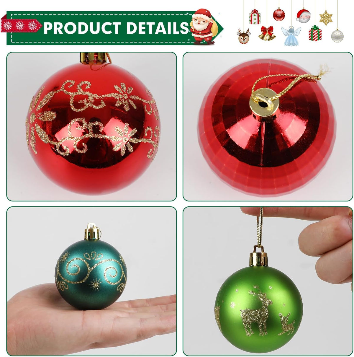 LOKIPA 44ct Christmas Ornaments, Shatterproof Red Green Gold Tree Balls Assorted Hanging Balls for Holidays Party Wedding Decoration (2.36Inch)