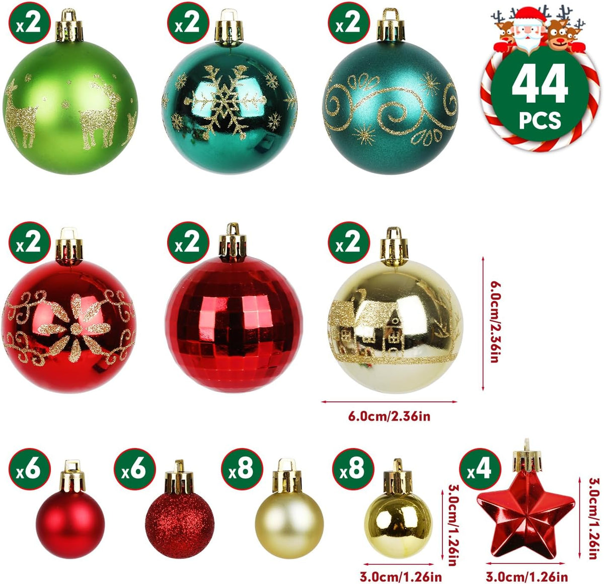 LOKIPA 44ct Christmas Ornaments, Shatterproof Red Green Gold Tree Balls Assorted Hanging Balls for Holidays Party Wedding Decoration (2.36Inch)