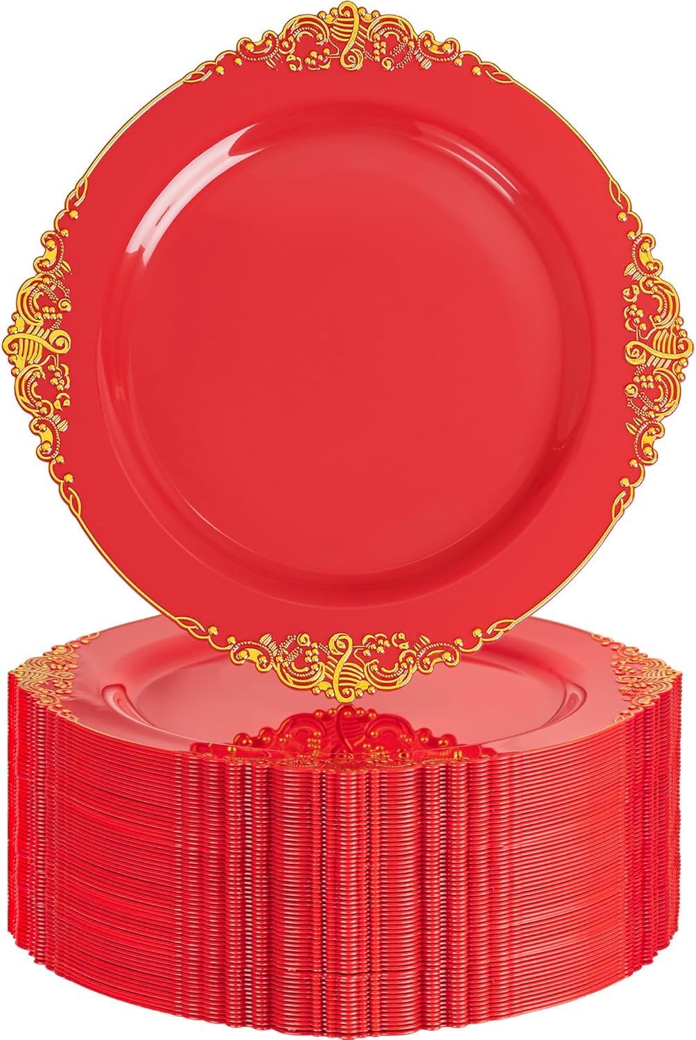 Nervure 100Pcs Clear Red Plastic Plates, Party Plates Set for 50Guests