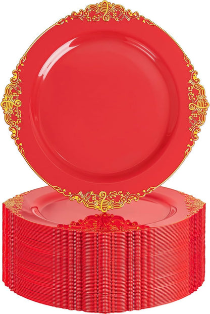 Nervure 100Pcs Clear Red Plastic Plates, Party Plates Set for 50Guests