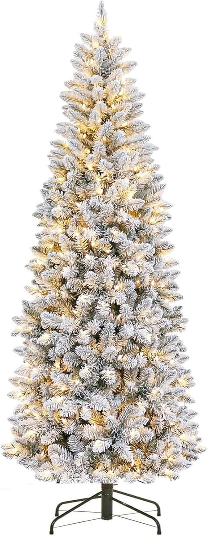 Garvee 6 ft Pencil Christmas Tree,Artificial Pre-Lit Christmas Tree,Realistic Frosted Xmas Tree Holiday Decoration, with LED Light and Metal Stand