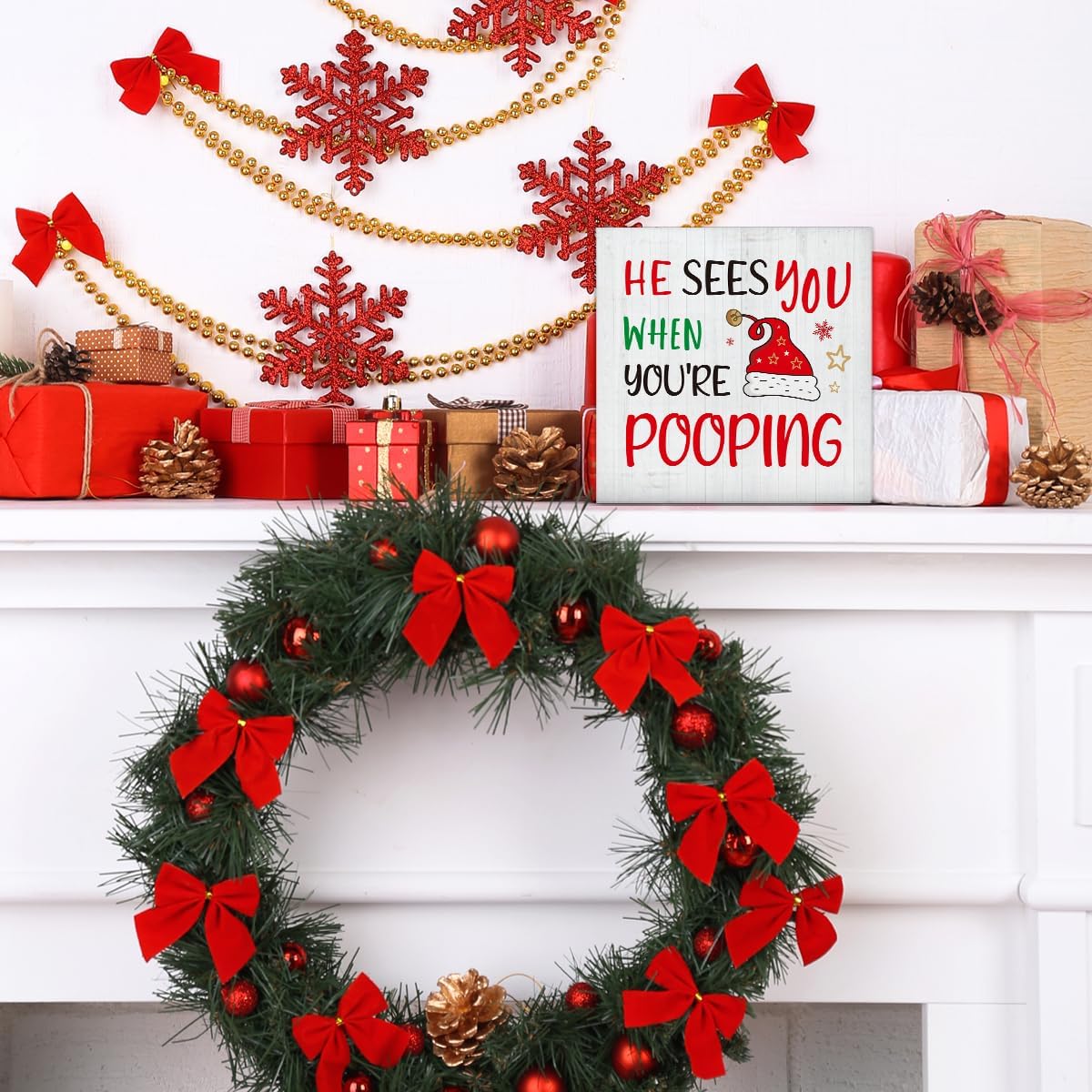 Christmas Bathroom Decorations, Funny Christmas Wood Sign Decor 5x5 Inches