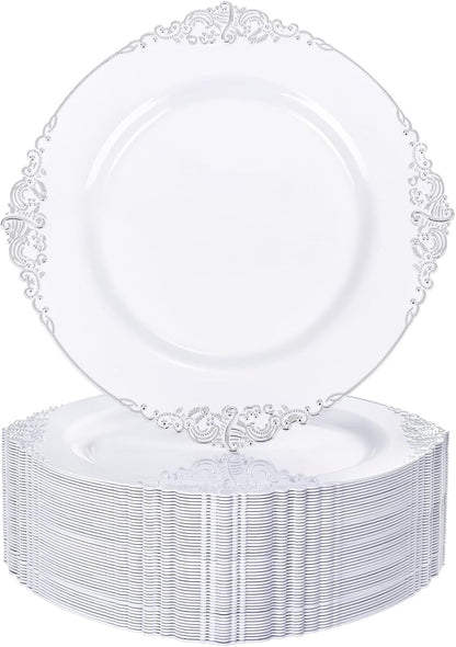Nervure 100Pcs Clear Red Plastic Plates, Party Plates Set for 50Guests