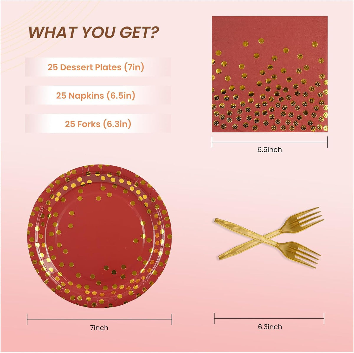 Paper Plates and Napkins Set, Red and Gold Dot, 75PCS, Serves 25