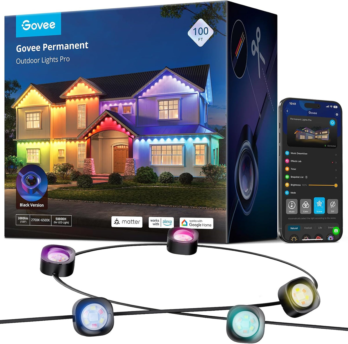 Govee Permanent Outdoor Lights Pro, 200ft with 120 RGBIC LED Lights, Black