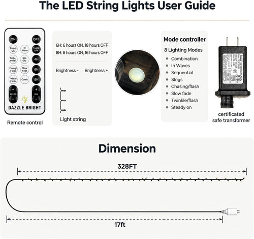 Dazzle Bright Outdoor Christmas String Lights, 1000 LED 328 FT Plug in Fairy Light with Remote Control 8 Modes & Timer, Waterproof Decoration for Home Garden Yard Xmas Wedding, Warm White