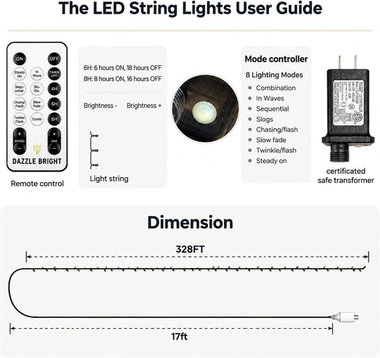 Dazzle Bright Outdoor Christmas String Lights, 1000 LED 328 FT Plug in Fairy Light with Remote Control 8 Modes & Timer, Waterproof Decoration for Home Garden Yard Xmas Wedding, Multi-Colored
