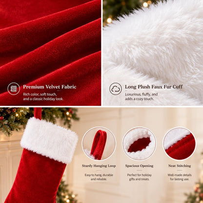 20 Inch Christmas Stockings Decorations: Classic Plain Red White Velvet Cotton Plush - Handmade Decor for Fireplace Mantel, Xmas Tree, Stairs