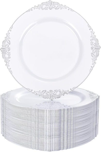 Nervure 100Pcs Clear Red Plastic Plates, Party Plates Set for 50Guests