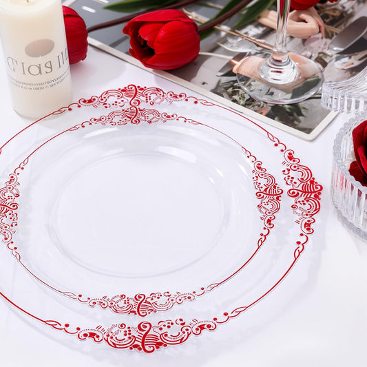 Nervure 100Pcs Clear Red Plastic Plates, Party Plates Set for 50Guests