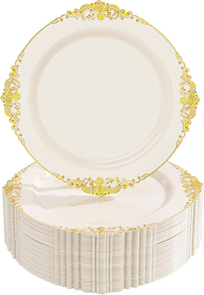 Nervure 100Pcs Clear Red Plastic Plates, Party Plates Set for 50Guests