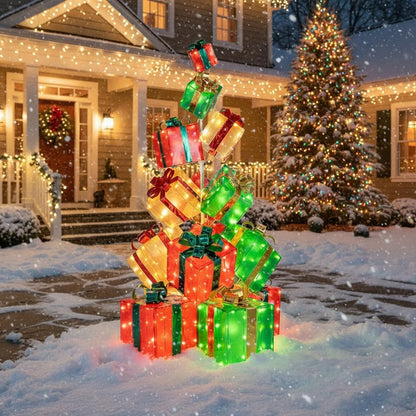 Tangkula 5.6 FT Christmas Lighted Gift Box Tower, 15 PCS Stacked Boxes Tree