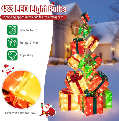 Tangkula 5.6 FT Christmas Lighted Gift Box Tower, 15 PCS Stacked Boxes Tree