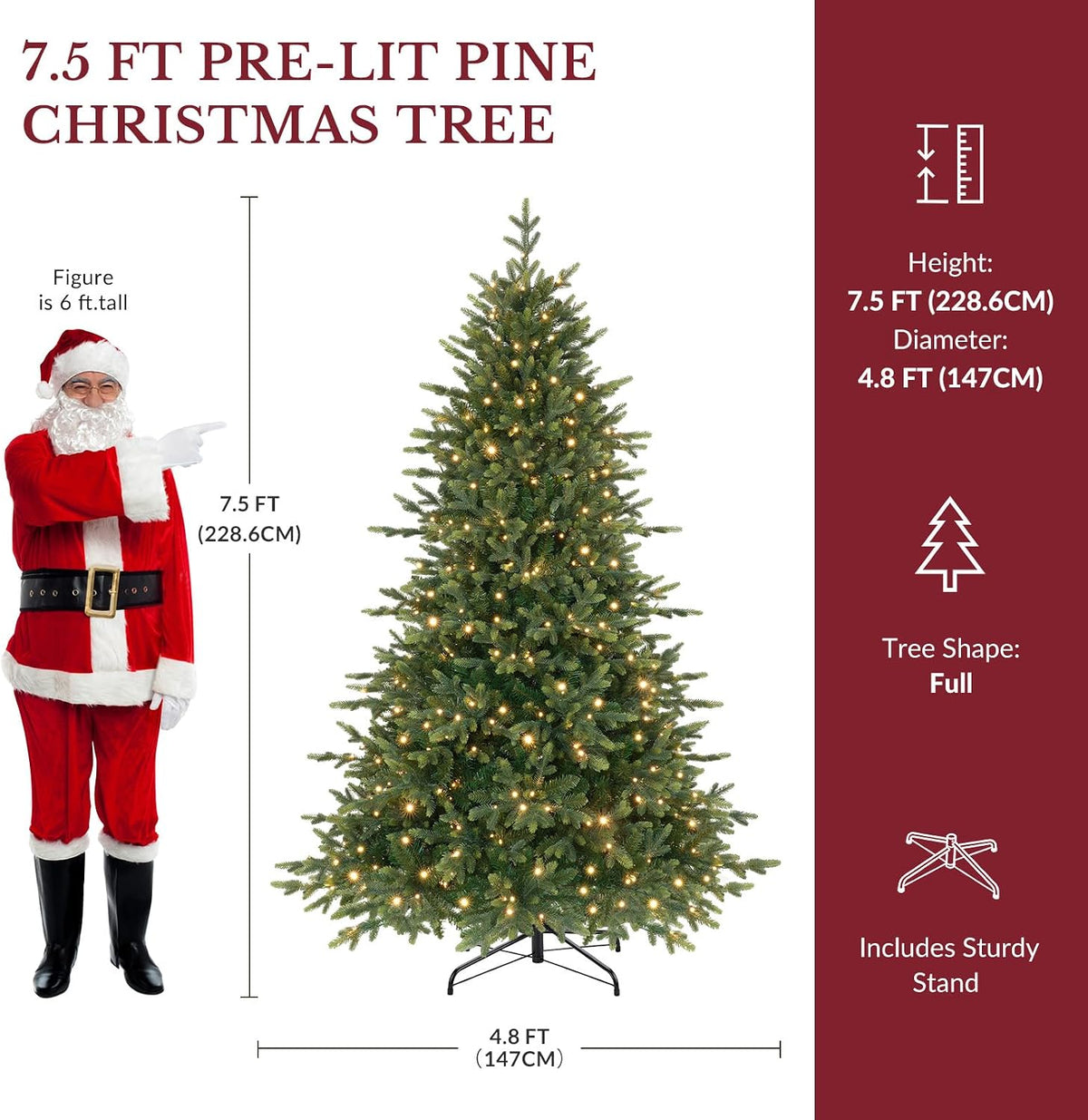 SHareconn 7.5ft Prelit Artificial Fir Christmas Tree with Dual Color Lights